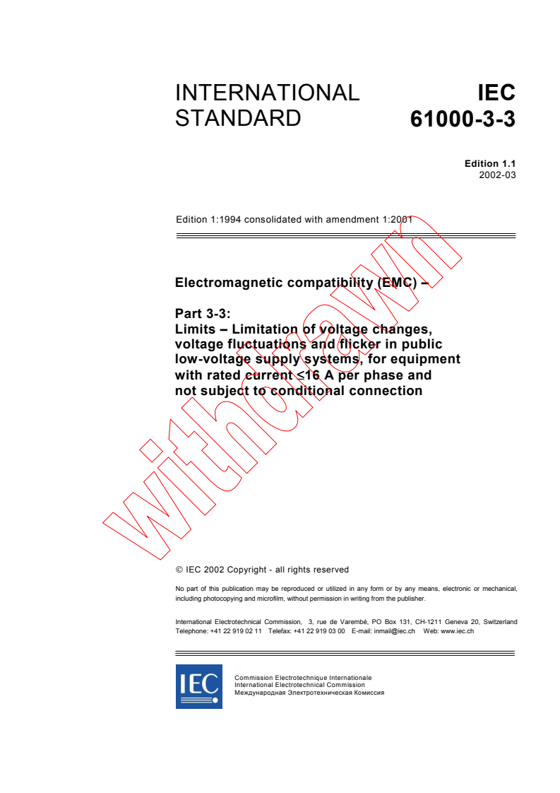 IEC 61000-3-3:1994+AMD1:2001 CSV - Electromagnetic compatibility (EMC) - Part 3-3: Limits - Limitation of voltage changes, voltage fluctuations and flicker in public low-voltage supply systems, for equipment with rated current <= 16 A per phase and not subject to conditional connection
Released:3/12/2002