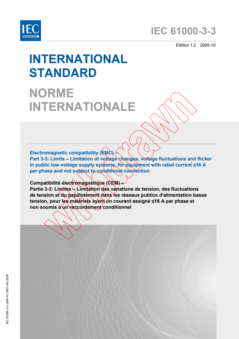 IEC 61000-3-3:1994+AMD1:2001+AMD2:2005 CSV - Electromagnetic compatibility (EMC) - Part 3-3: Limits - Limitation of voltage changes, voltage fluctuations and flicker in public low-voltage supply systems, for equipment with rated current ? 16 A per phase and not subject to conditional connection
Released:10/13/2005
Isbn:2831882095