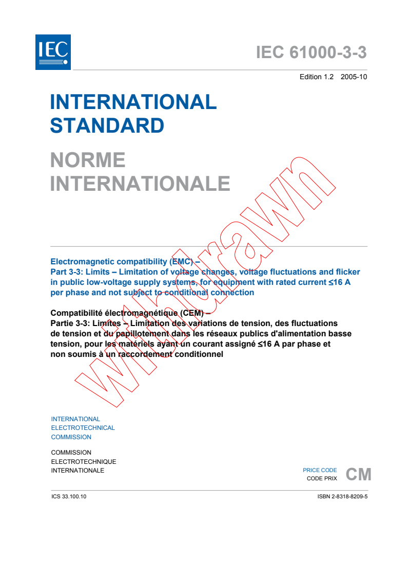 IEC 61000-3-3:1994+AMD1:2001+AMD2:2005 CSV - Electromagnetic compatibility (EMC) - Part 3-3: Limits - Limitation of voltage changes, voltage fluctuations and flicker in public low-voltage supply systems, for equipment with rated current ? 16 A per phase and not subject to conditional connection
Released:10/13/2005
Isbn:2831882095