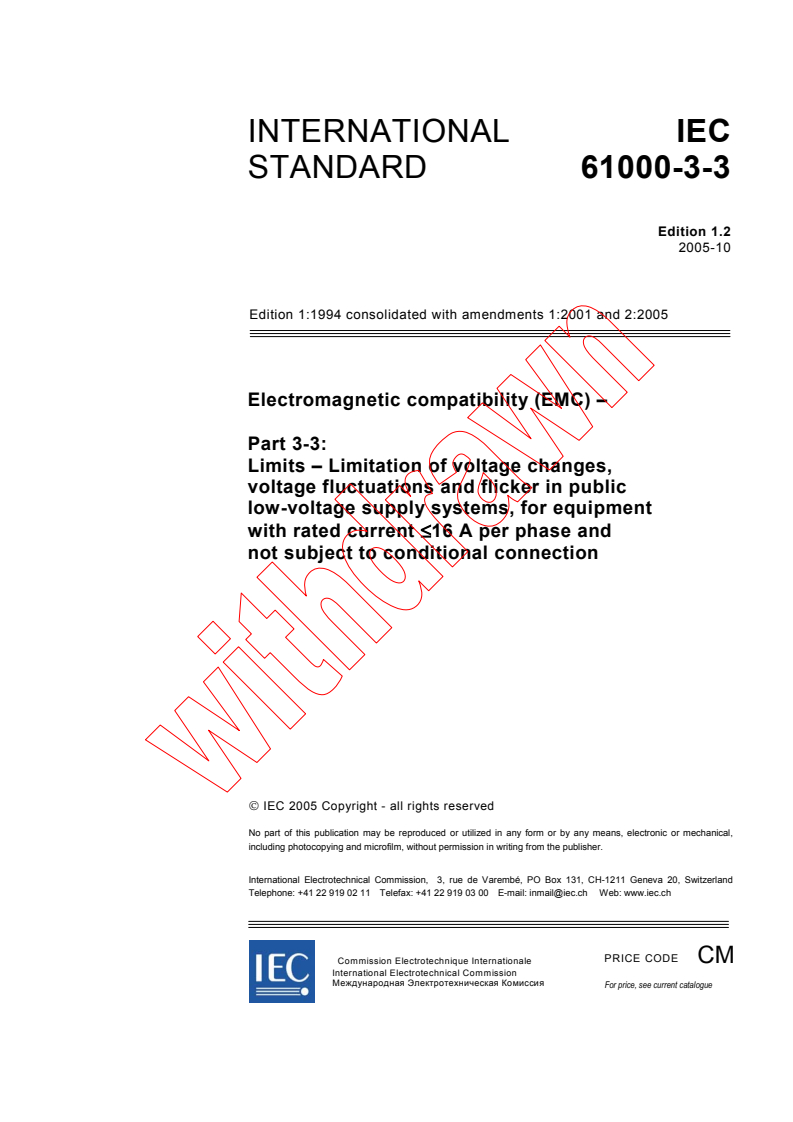 IEC 61000-3-3:1994+AMD1:2001+AMD2:2005 CSV - Electromagnetic compatibility (EMC) - Part 3-3: Limits - Limitation of voltage changes, voltage fluctuations and flicker in public low-voltage supply systems, for equipment with rated current ? 16 A per phase and not subject to conditional connection
Released:10/13/2005