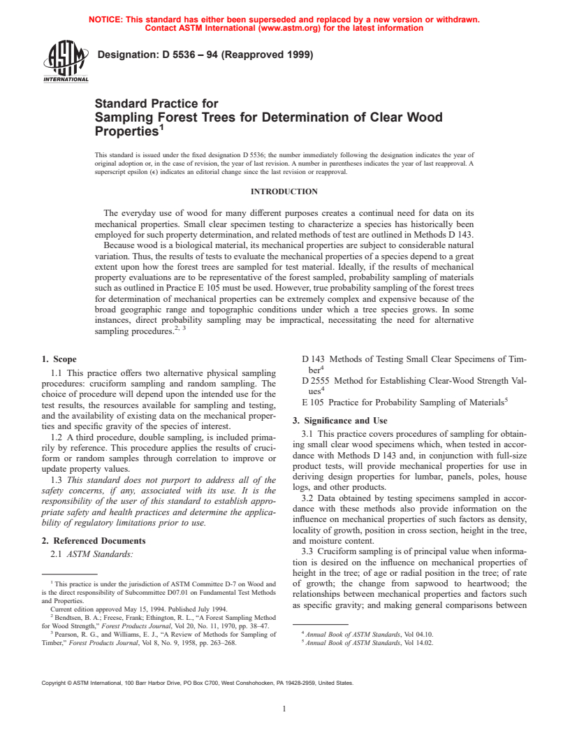 ASTM D5536-94(1999) - Standard Practice for Sampling Forest Trees for Determination of Clear Wood Properties