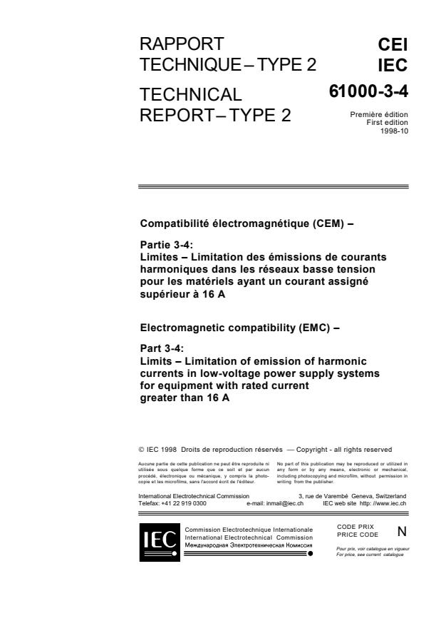 IEC TS 61000-3-4:1998 - Electromagnetic compatibility (EMC) - Part 3-4: Limits - Limitation of emission of harmonic currents in low-voltage power supply systems for equipment with rated current greater than 16 A