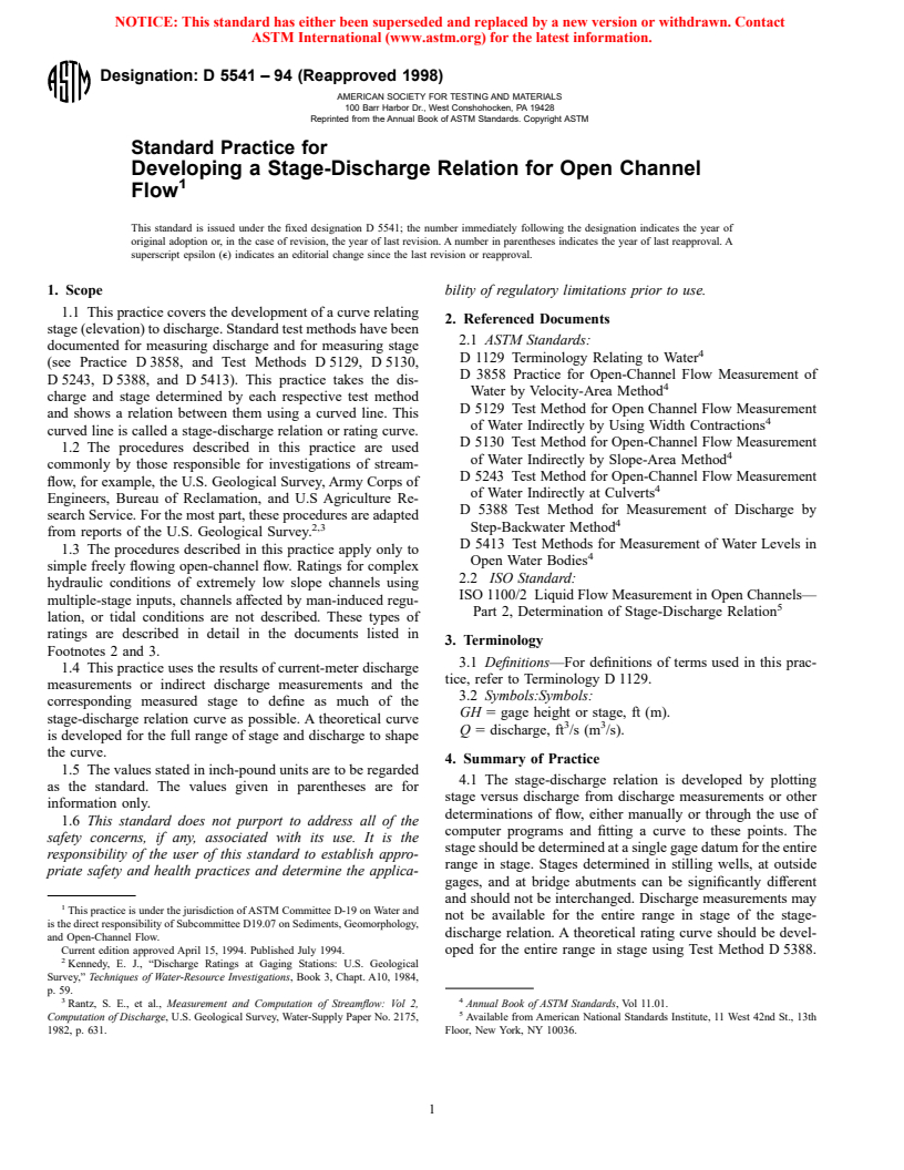 ASTM D5541-94(1998) - Standard Practice for Developing a Stage-Discharge Relation for Open Channel Flow