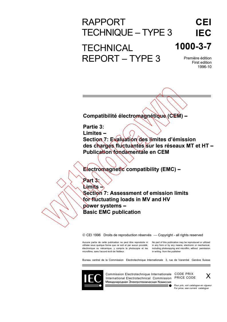 IEC TR 61000-3-7:1996 - Electromagnetic compatibility (EMC) - Part 3: Limits - Section 7:
Assessment of emission limits for fluctuating loads in MV and HV
power systems - Basic EMC publication
Released:11/6/1996