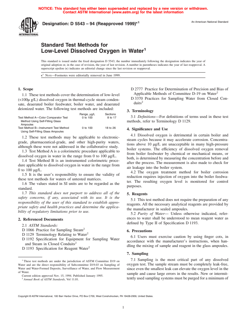 ASTM D5543-94(1999)e1 - Standard Test Methods for Low-Level Dissolved Oxygen in Water