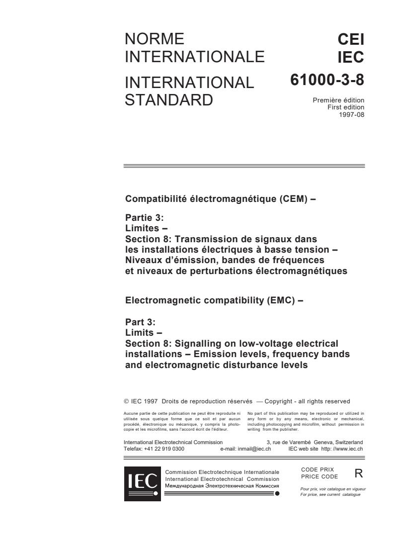 IEC 61000-3-8:1997 - Electromagnetic compatibility (EMC) - Part 3: Limits - Section 8: Signalling on low-voltage electrical installations - Emission levels, frequency bands and electromagnetic disturbance levels