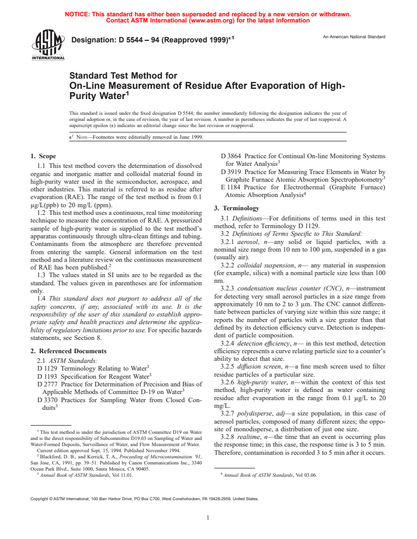 ASTM D5544-94(1999)e1 - Standard Test Method for On-Line Measurement of Residue After Evaporation of High-Purity Water