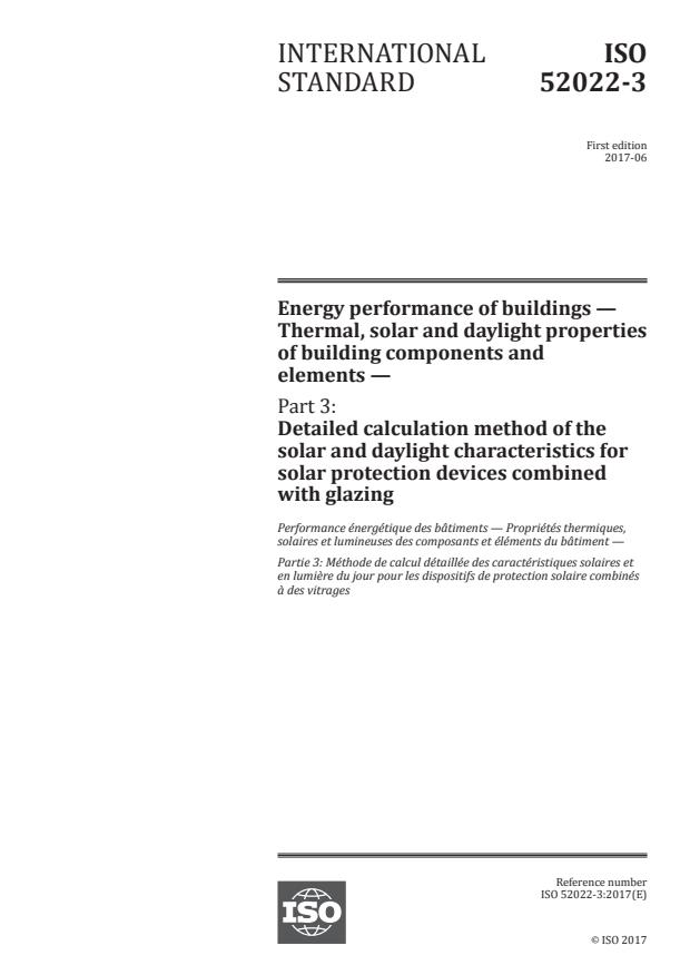 ISO 52022-3:2017 - Energy performance of buildings -- Thermal, solar and daylight properties of building components and elements