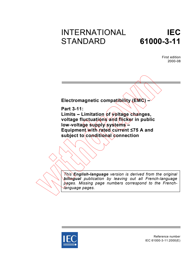 IEC 61000-3-11:2000 - Electromagnetic compatibility (EMC) - Part 3-11: Limits - Limitation of voltage changes, voltage fluctuations and flicker in public low-voltage supply systems - Equipment with rated current ≤ 75 A and subject to conditional connection
Released:8/30/2000