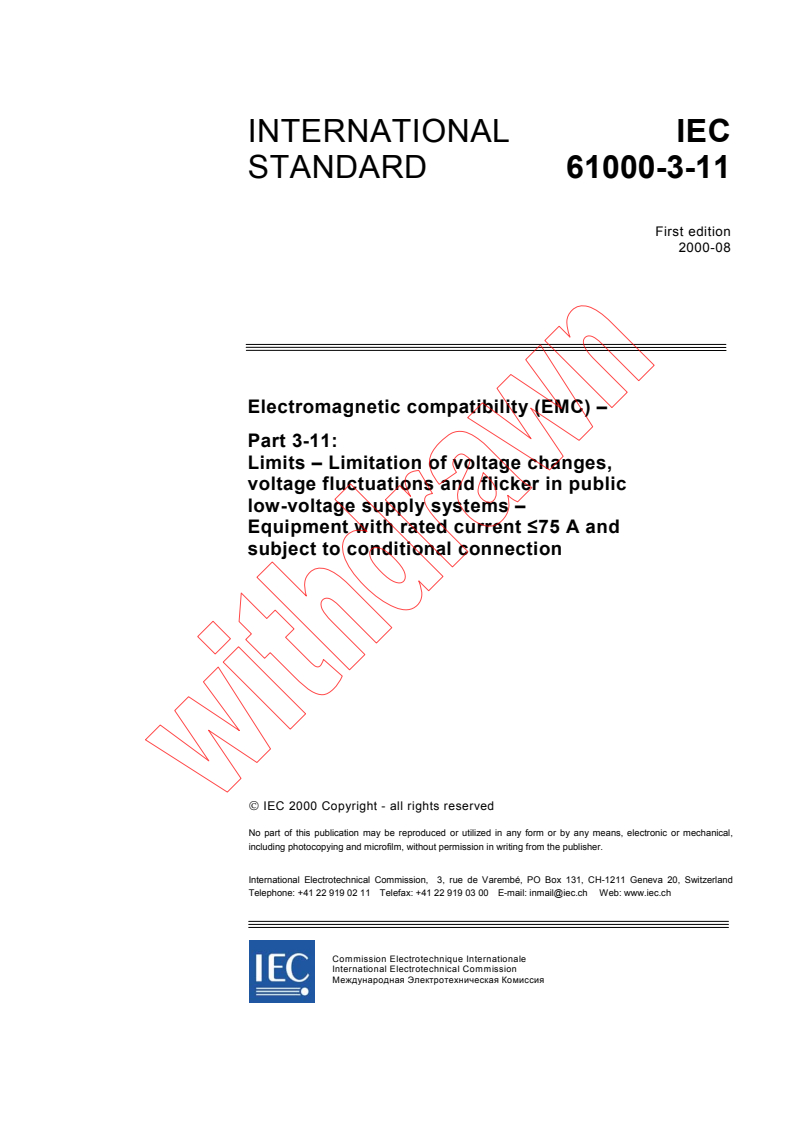 IEC 61000-3-11:2000 - Electromagnetic compatibility (EMC) - Part 3-11: Limits - Limitation of voltage changes, voltage fluctuations and flicker in public low-voltage supply systems - Equipment with rated current ≤ 75 A and subject to conditional connection
Released:8/30/2000