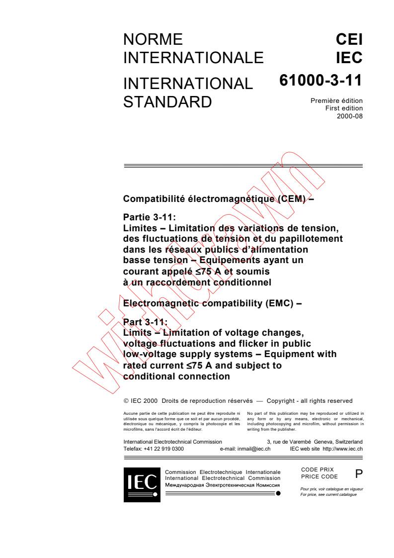 IEC 61000-3-11:2000 - Electromagnetic compatibility (EMC) - Part 3-11: Limits - Limitation of voltage changes, voltage fluctuations and flicker in public low-voltage supply systems - Equipment with rated current ≤ 75 A and subject to conditional connection
Released:8/30/2000
Isbn:2831853982