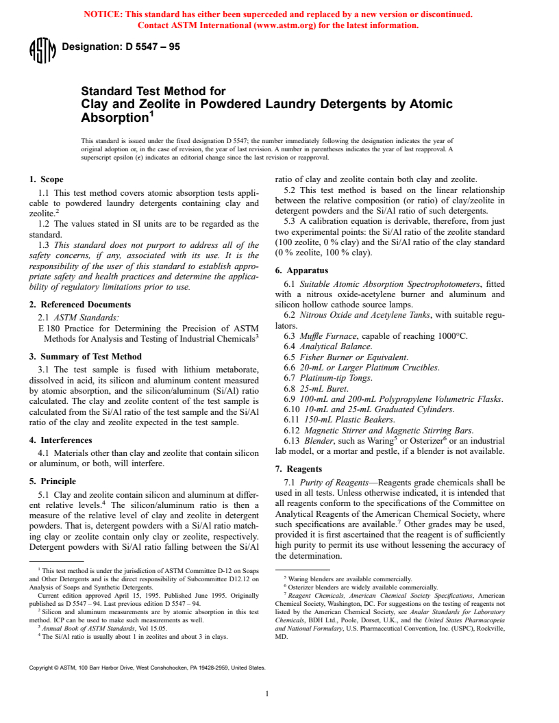 ASTM D5547-95 - Standard Test Method for Clay and Zeolite in Powdered Laundry Detergents by Atomic Absorption