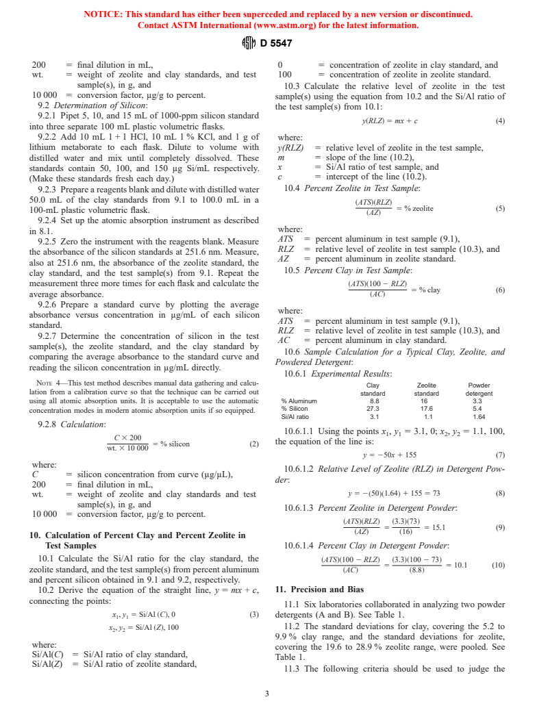 ASTM D5547-95 - Standard Test Method for Clay and Zeolite in Powdered Laundry Detergents by Atomic Absorption