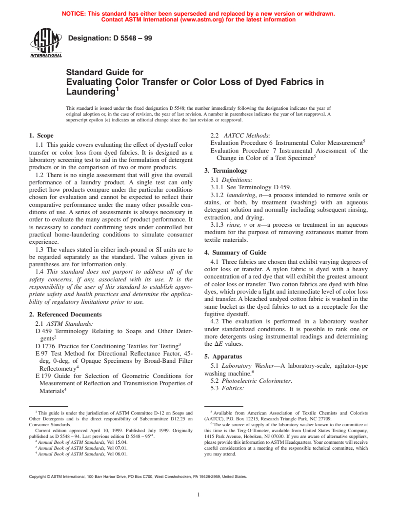 ASTM D5548-99 - Standard Guide for Evaluating Color Transfer or Color Loss of Dyed Fabrics in Laundering