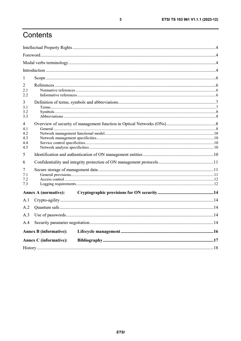 ETSI TS 103 961 V1.1.1 (2023-12) - CYBER; Optical Network and Device Security; Security provisions for the management of Optical Network devices and services