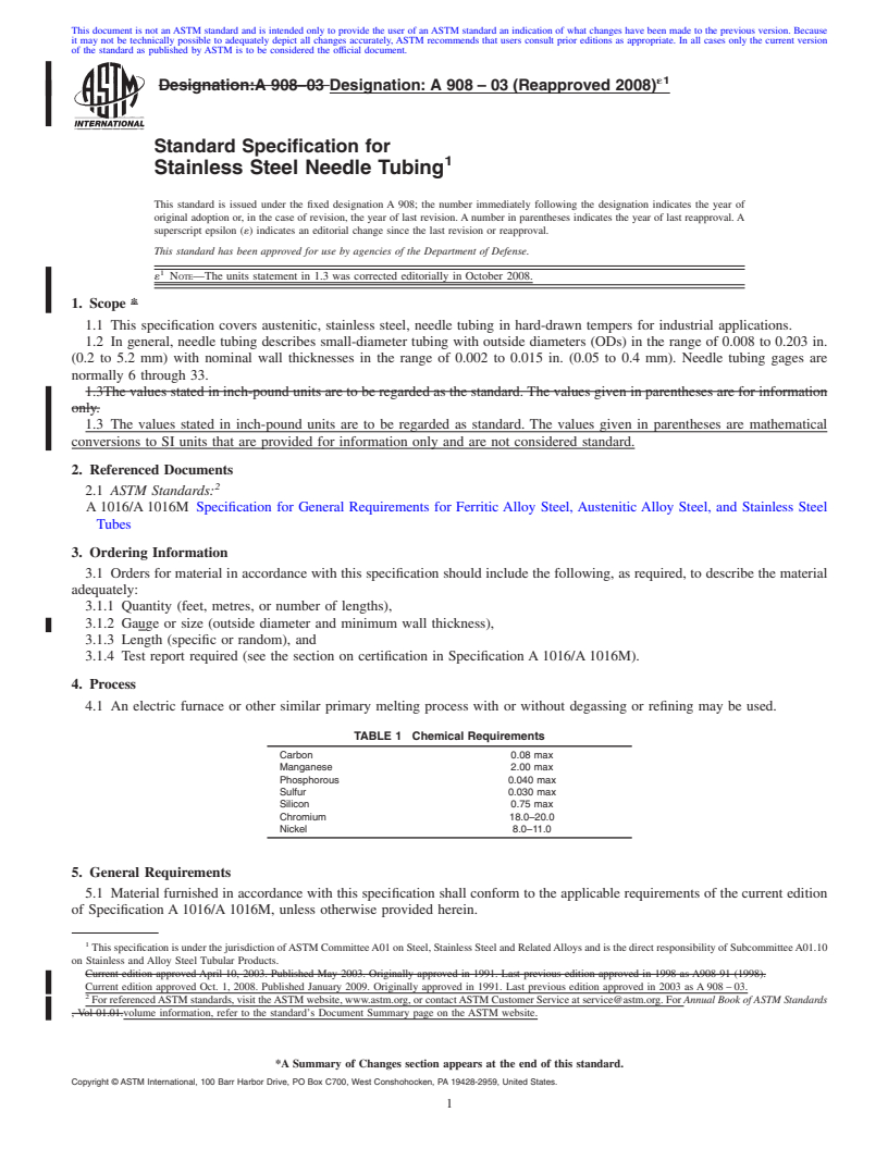 REDLINE ASTM A908-03(2008)e1 - Standard Specification for Stainless Steel Needle Tubing