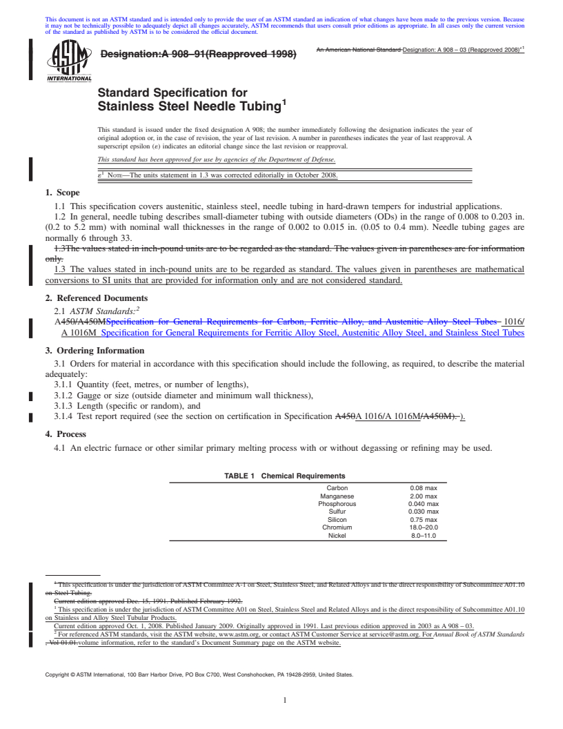 REDLINE ASTM A908-03(2008)e1 - Standard Specification for Stainless Steel Needle Tubing