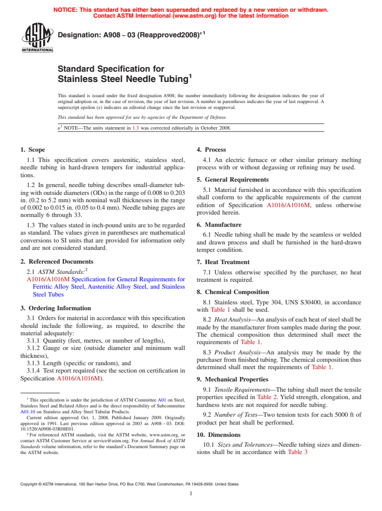 ASTM A908-03(2008)e1 - Standard Specification for Stainless Steel Needle Tubing