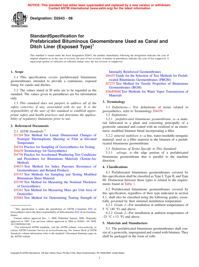 ASTM D2643-08 - Standard Specification for Prefabricated Bituminous Geomembrane Used as Canal and Ditch Liner (Exposed Type)