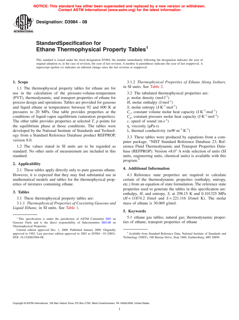 ASTM D3984-08 - Standard Specification for Ethane Thermophysical Property Tables