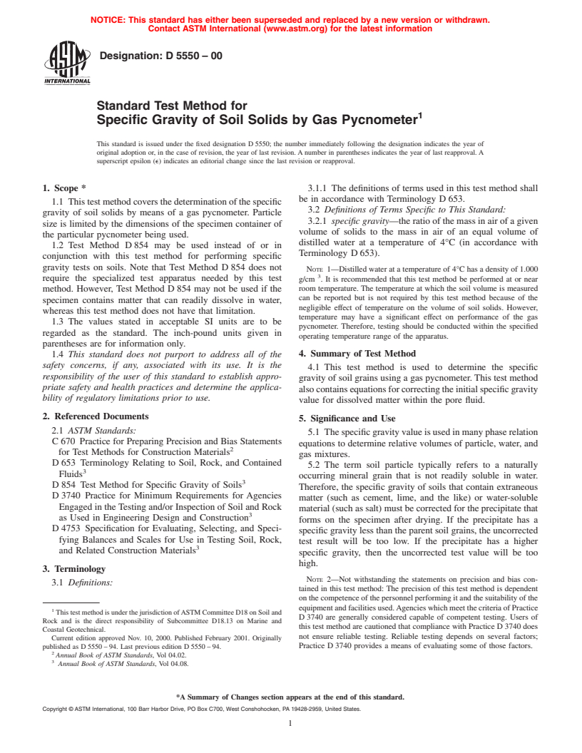 ASTM D5550-00 - Standard Test Method for Specific Gravity of Soil Solids by Gas Pycnometer