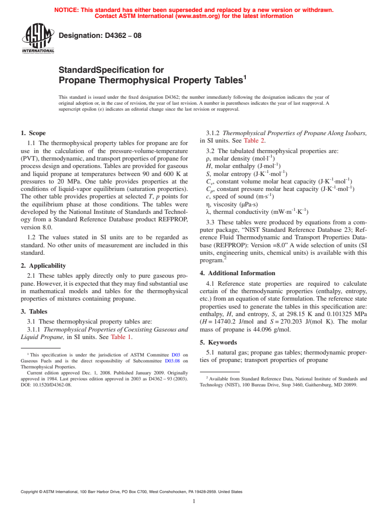 ASTM D4362-08 - Standard Specification for Propane Thermophysical Property Tables