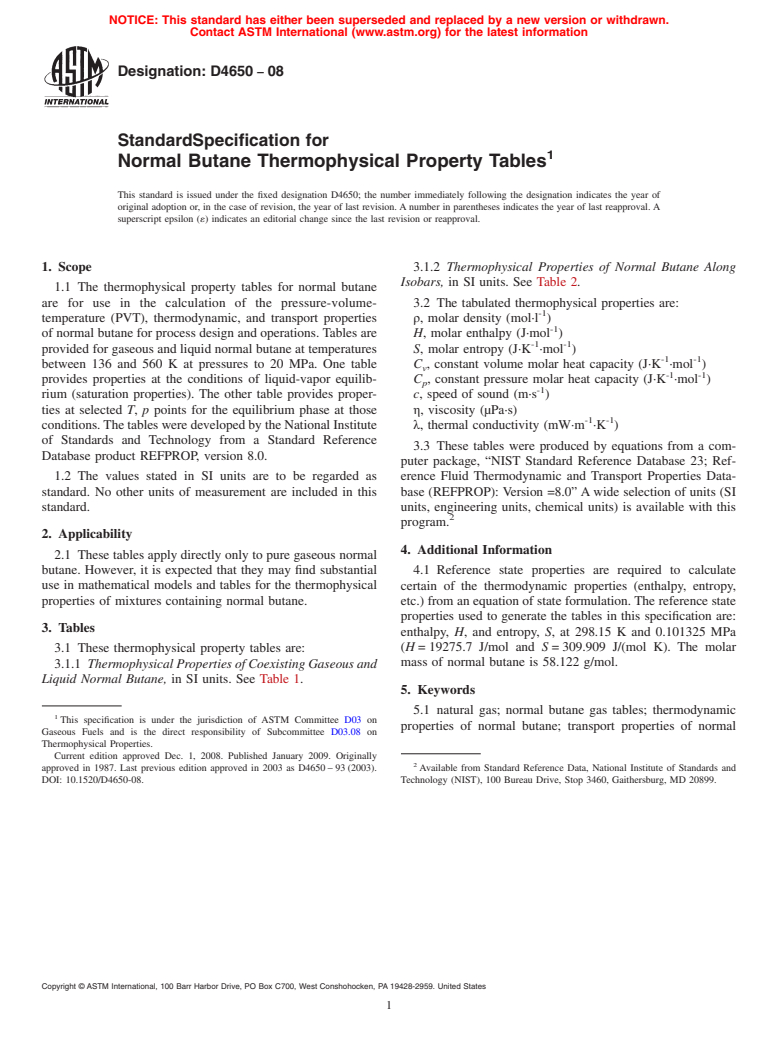 ASTM D4650-08 - Standard Specification for Normal Butane Thermophysical Property Tables