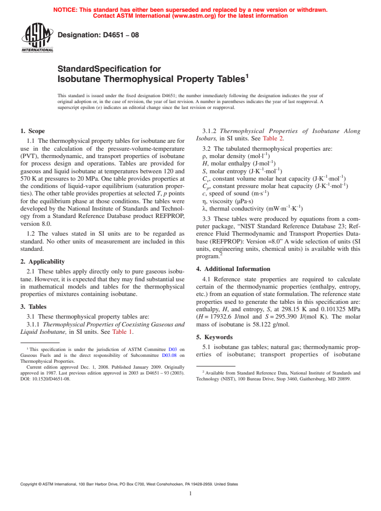 ASTM D4651-08 - Standard Specification for Isobutane Thermophysical Property Tables