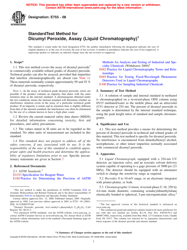 ASTM E755-08 - Standard Test Method for Dicumyl Peroxide, Assay (Liquid Chromatography) (Withdrawn 2016)