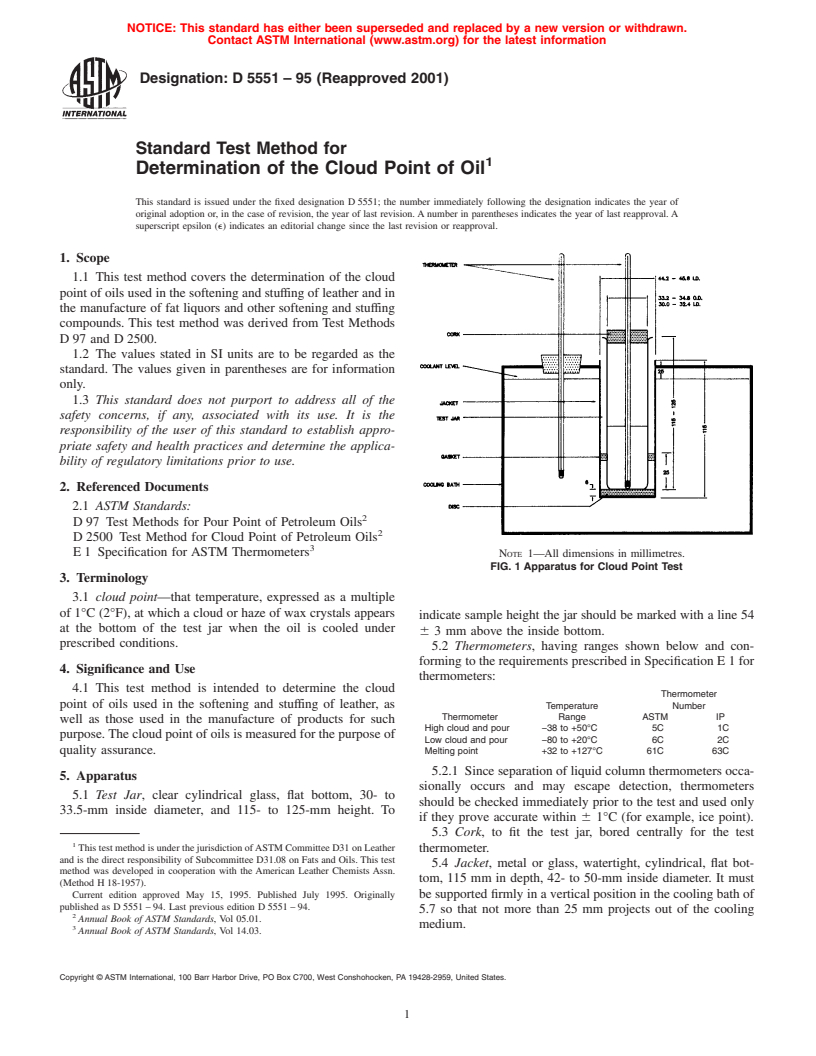 ASTM D5551-95(2001) - Standard Test Method for Determination of the Cloud Point of Oil