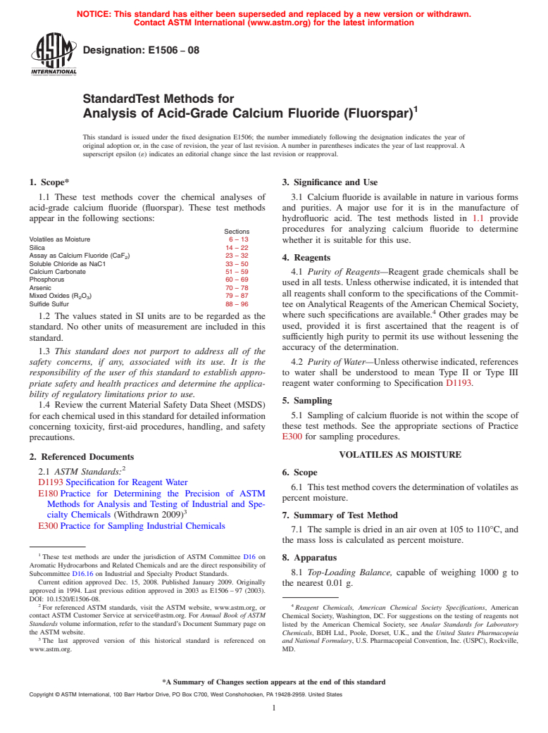 ASTM E1506-08 - Standard Test Methods for Analysis of Acid-Grade Calcium Fluoride (Fluorspar) (Withdrawn 2016)