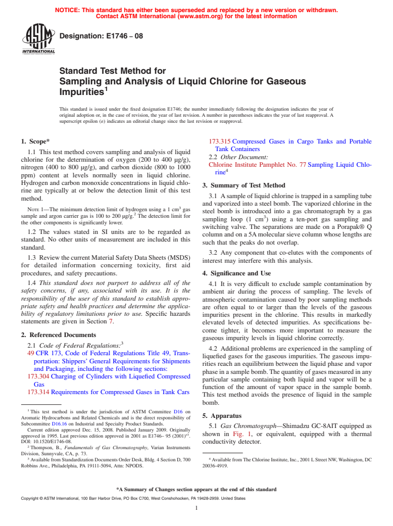 ASTM E1746-08 - Standard Test Method for Sampling and Analysis of Liquid Chlorine for Gaseous Impurities