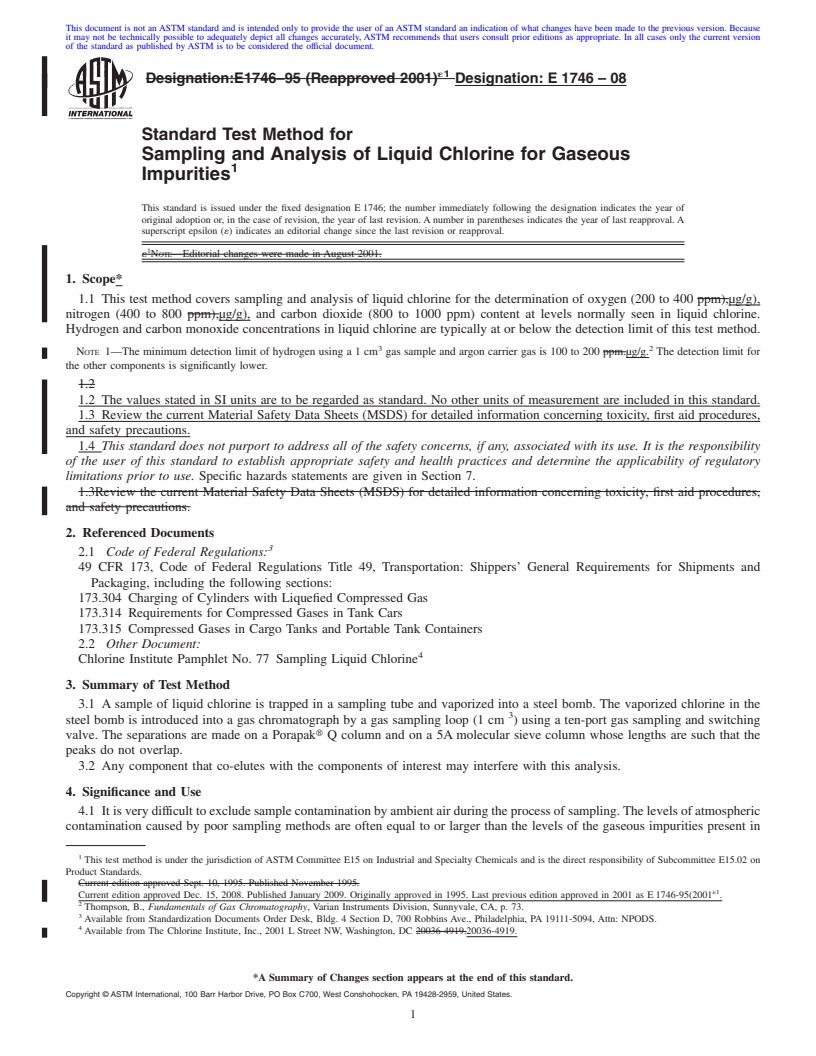 REDLINE ASTM E1746-08 - Standard Test Method for Sampling and Analysis of Liquid Chlorine for Gaseous Impurities