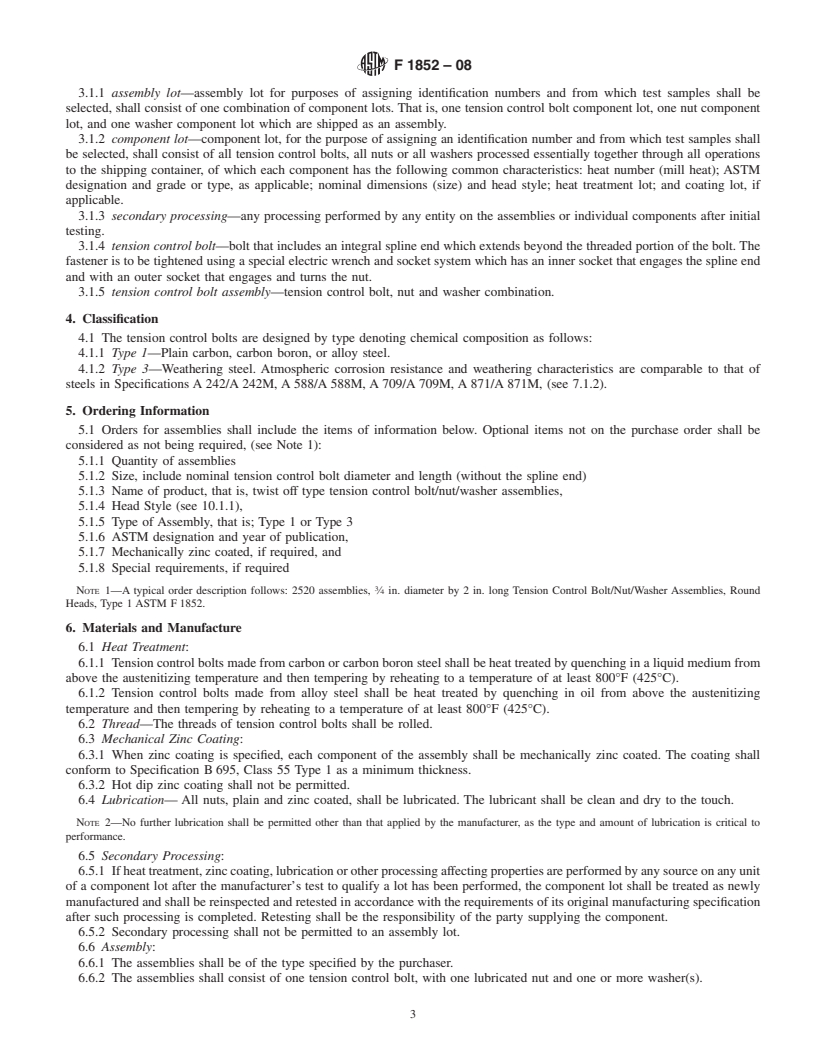 REDLINE ASTM F1852-08 - Standard Specification for <span class='unicode'>&#x201C;</span>Twist Off<span class='unicode'>&#x201D;</span> Type Tension Control Structural Bolt/Nut/Washer Assemblies, Steel, Heat Treated, 120/105 ksi Minimum Tensile Strength