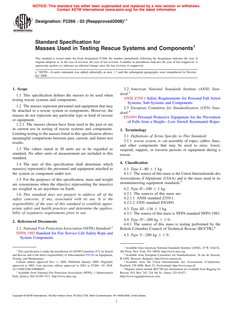 ASTM F2266-03(2008)e1 - Standard Specification for Masses Used in Testing Rescue Systems and Components