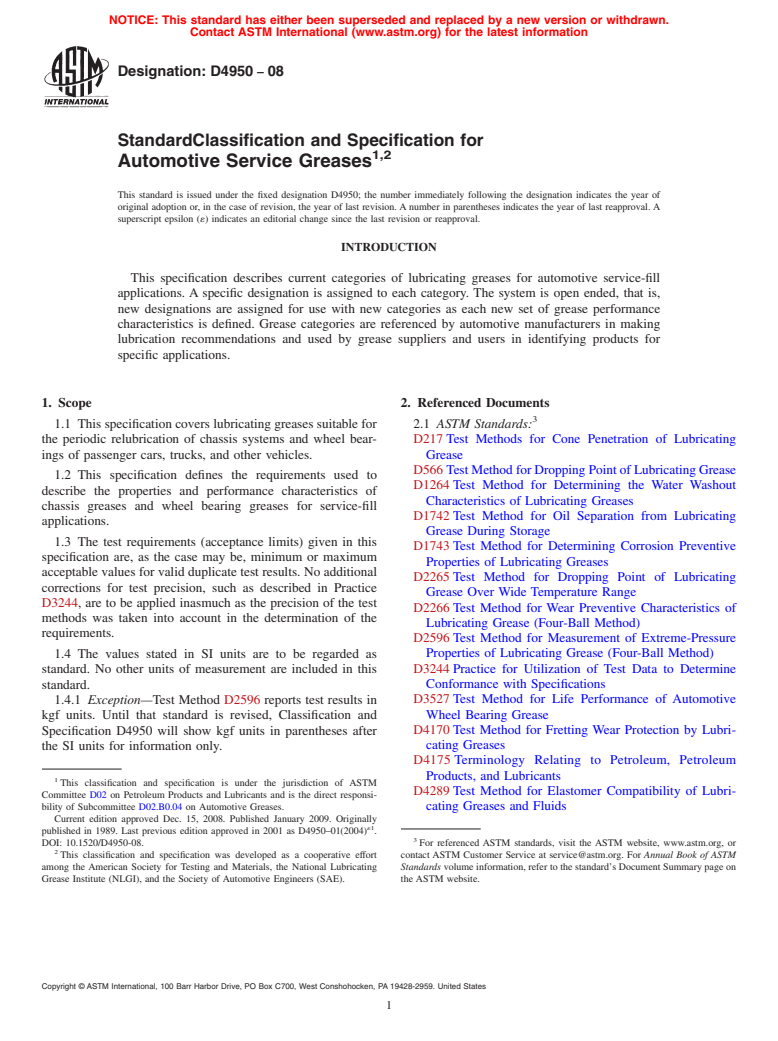 ASTM D4950-08 - Standard Classification and Specification of Automotive Service Greases