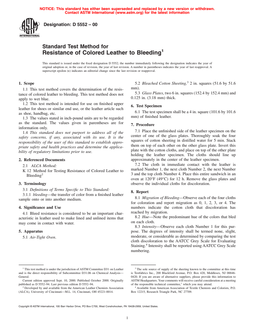 ASTM D5552-00 - Standard Test Method for Resistance of Colored Leather to Bleeding