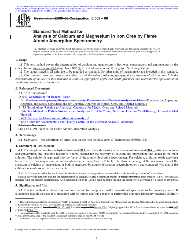 REDLINE ASTM E508-08 - Standard Test Method for  Analysis of Calcium and Magnesium in Iron Ores by Flame Atomic Absorption Spectrometry