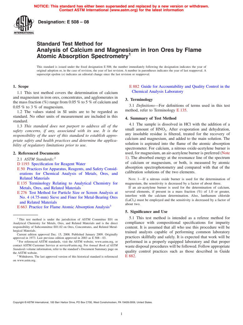 ASTM E508-08 - Standard Test Method for  Analysis of Calcium and Magnesium in Iron Ores by Flame Atomic Absorption Spectrometry