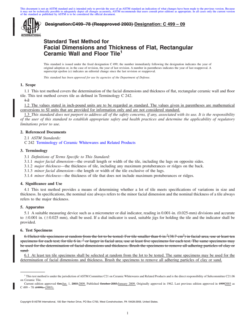 REDLINE ASTM C499-09 - Standard Test Method for Facial Dimensions and Thickness of Flat, Rectangular Ceramic Wall and Floor Tile