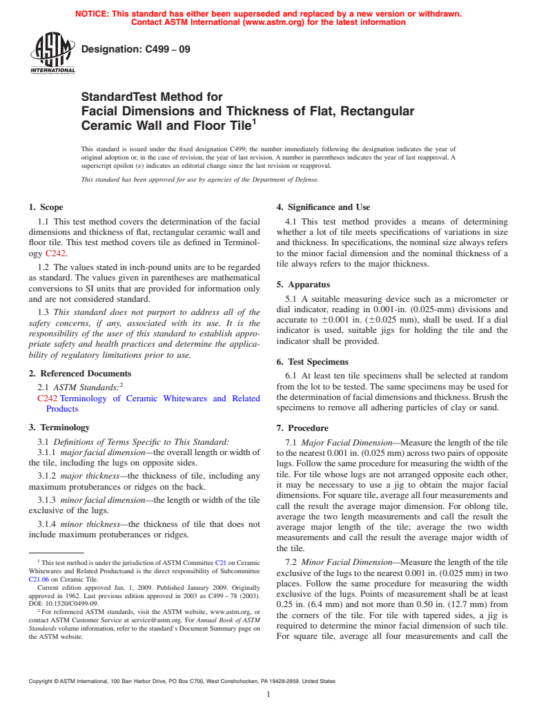 ASTM C499-09 - Standard Test Method for Facial Dimensions and Thickness of Flat, Rectangular Ceramic Wall and Floor Tile