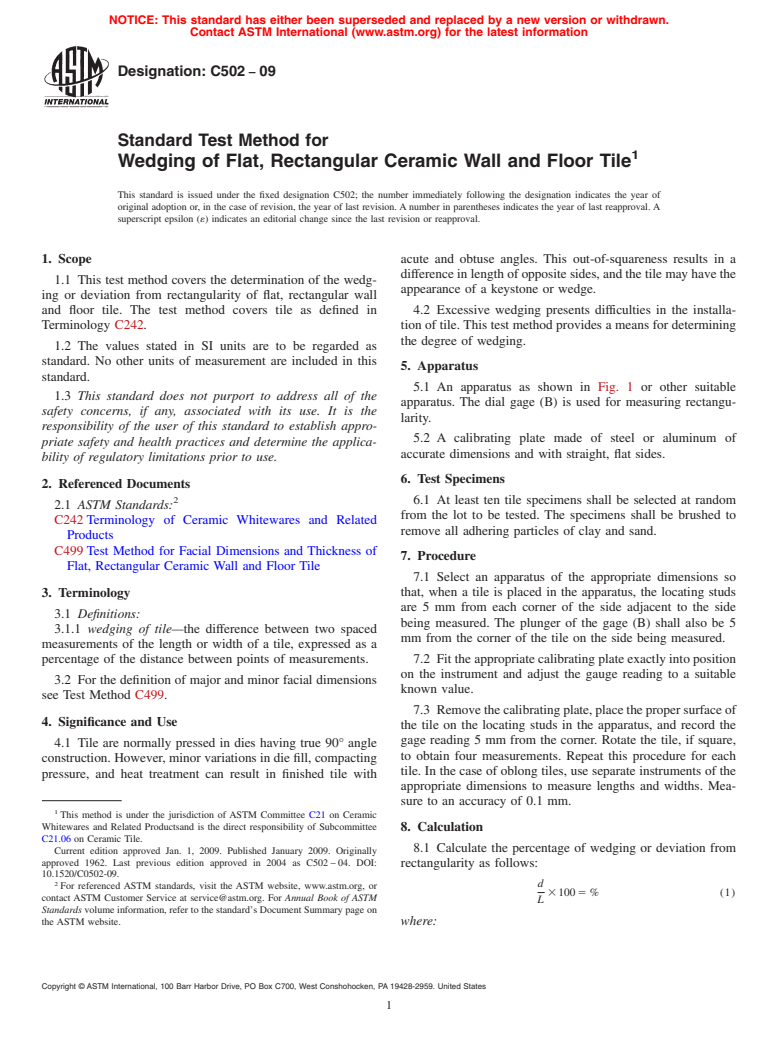 ASTM C502-09 - Standard Test Method for Wedging of Flat, Rectangular Ceramic Wall and Floor Tile