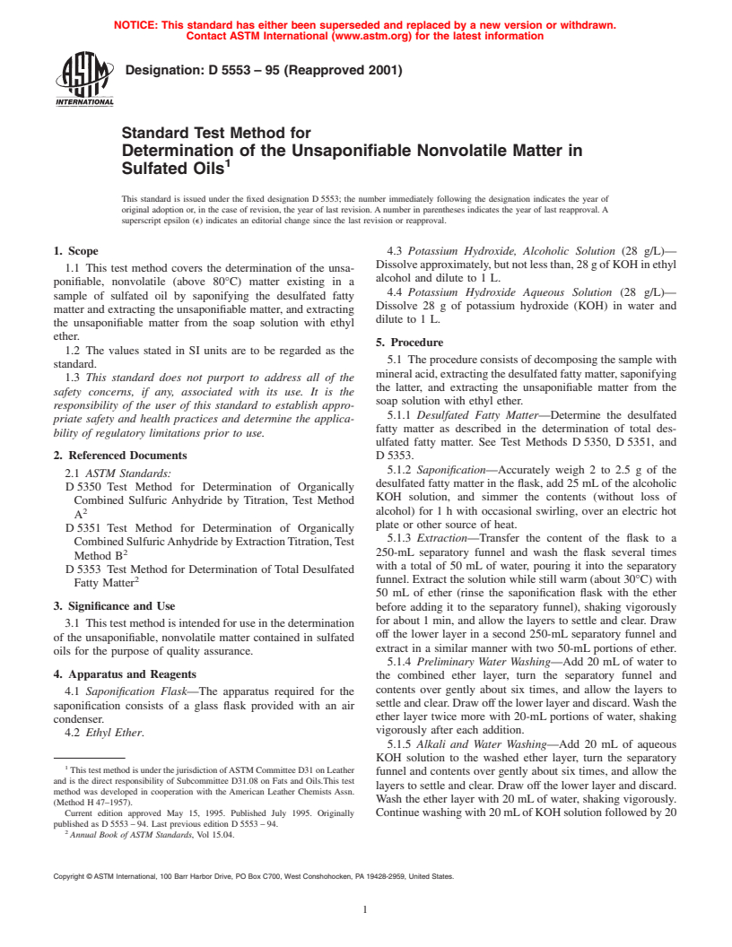 ASTM D5553-95(2001) - Standard Test Method for Determination of the Unsaponifiable Nonvolatile Matter in Sulfated Oils