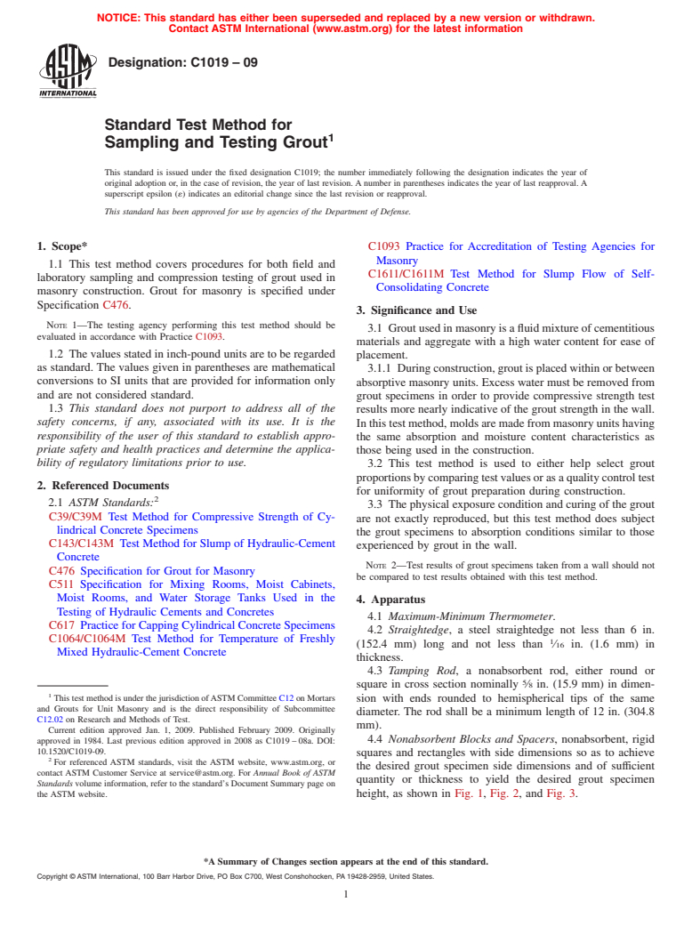 ASTM C1019-09 - Standard Test Method for  Sampling and Testing Grout