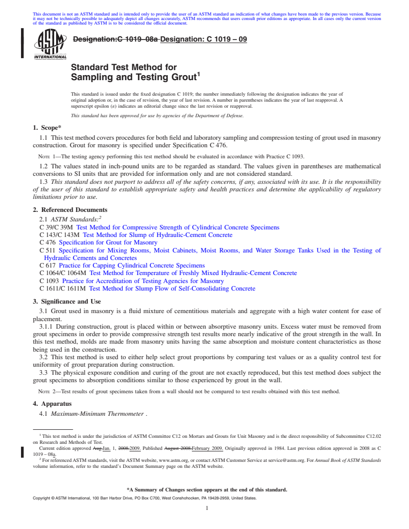 REDLINE ASTM C1019-09 - Standard Test Method for  Sampling and Testing Grout