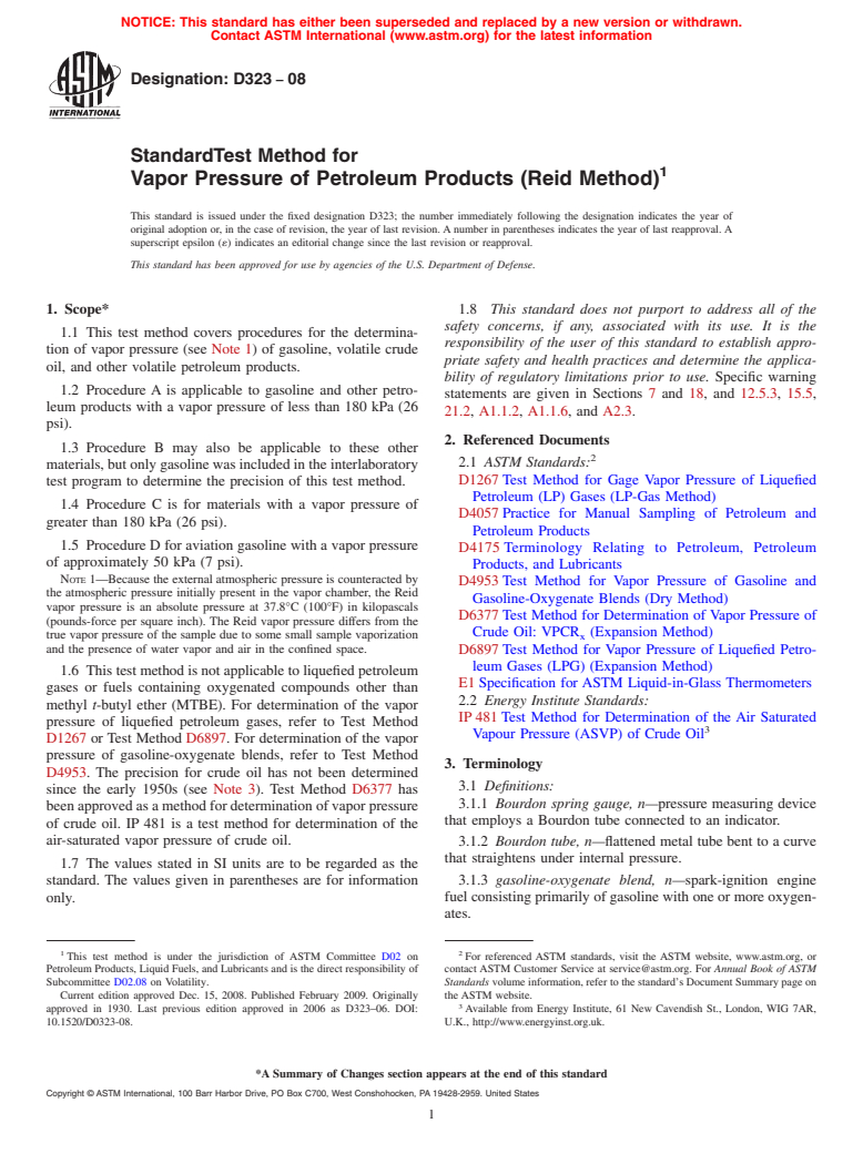 ASTM D323-08 - Standard Test Method for Vapor Pressure of Petroleum Products (Reid Method)