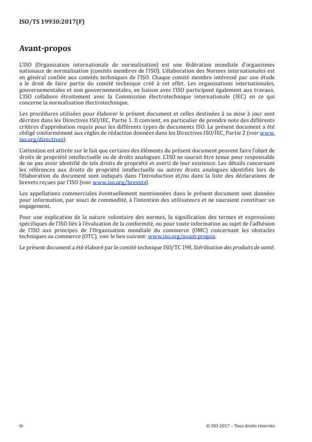 ISO/TS 19930:2017 ISO/TS 19930:2017 - Document d'orientation sur les aspects d'une approche, fondée sur l'appréciation du risque, permettant d'assurer la stérilité des produits de santé a usage unique, soumis a une stérilisation terminale y compris ceux ne pouvant pas supporter un traitement atteignant un niveau d'assurance de la stérilité maximal de 10-6 - Page 4 preview