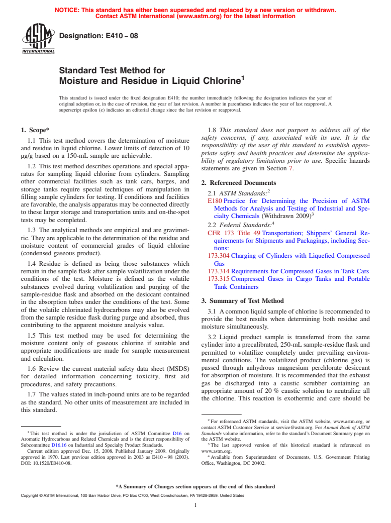 ASTM E410-08 - Standard Test Method for Moisture and Residue in Liquid Chlorine