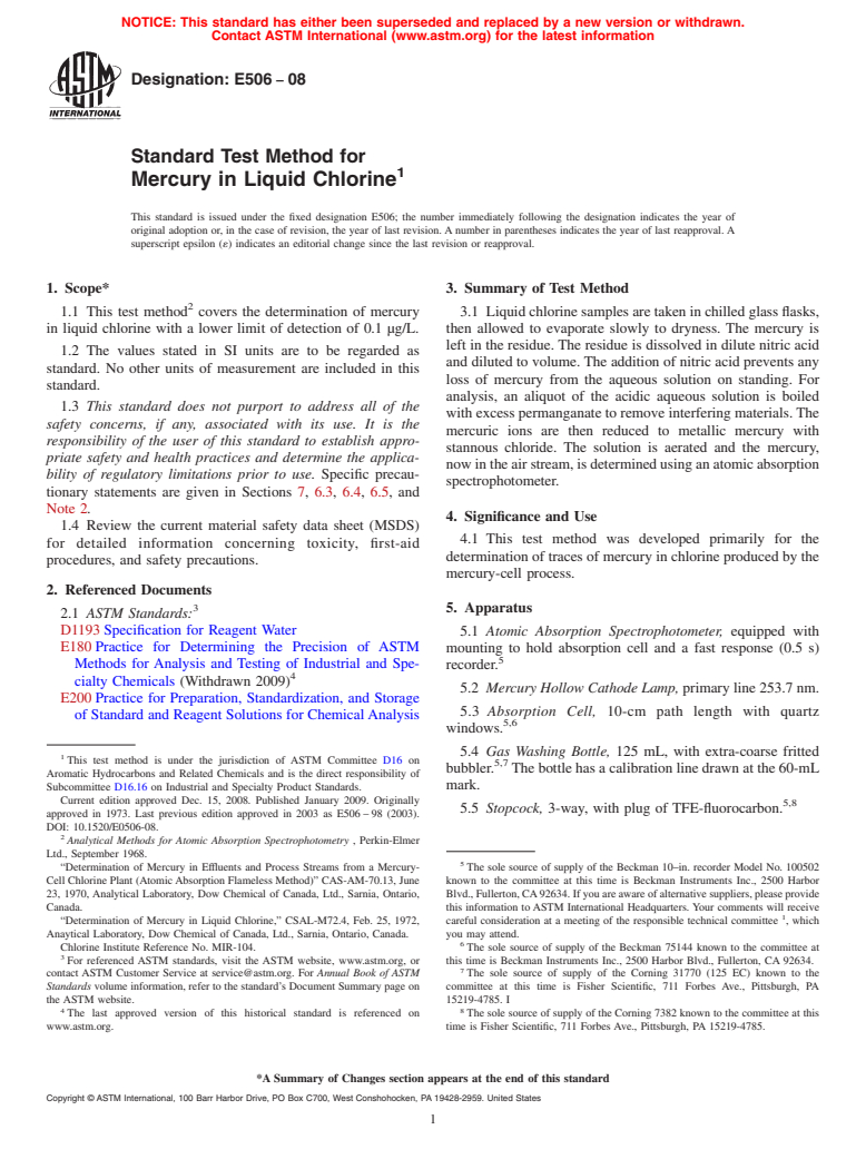 ASTM E506-08 - Standard Test Method for Mercury in Liquid Chlorine