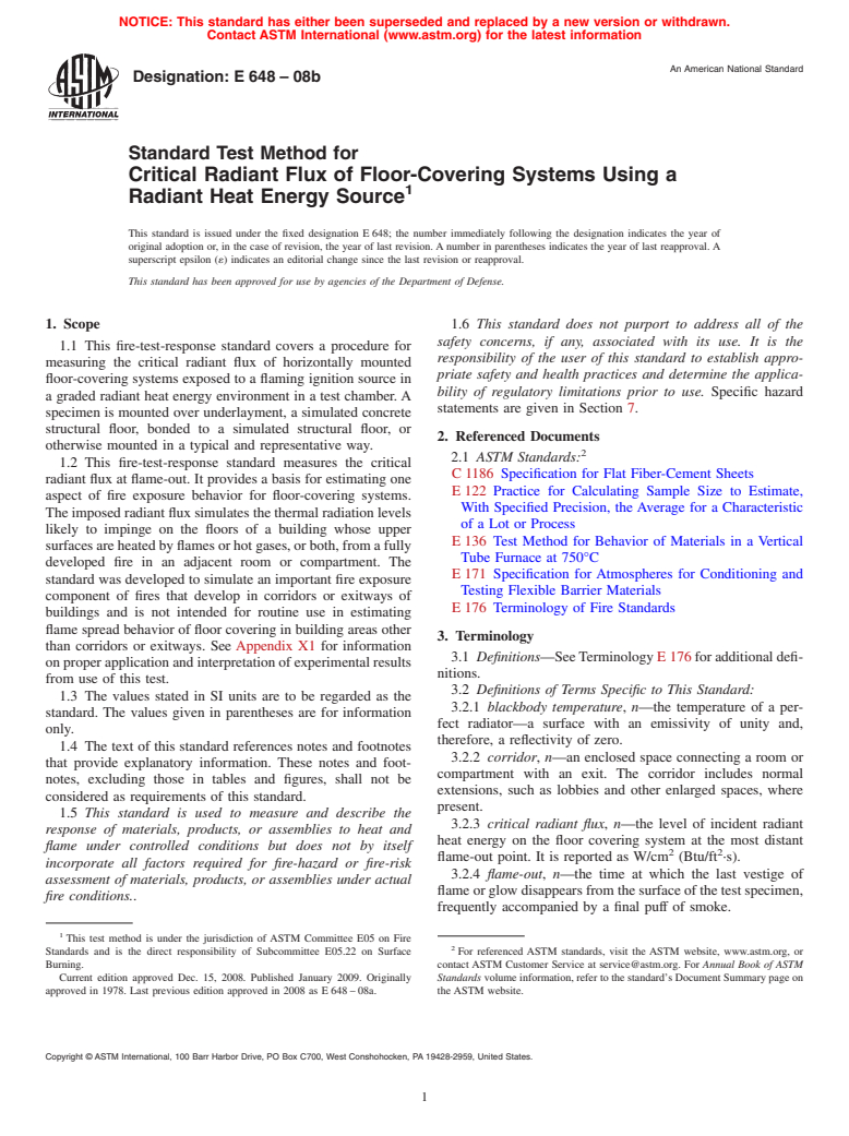 ASTM E648-08b - Standard Test Method for  Critical Radiant Flux of Floor-Covering Systems Using a Radiant Heat Energy Source